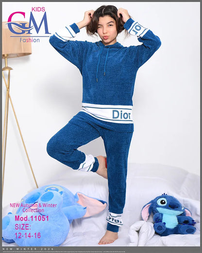 طقم بيجامة بناتي شتوي GM Kids | موديل 11051 بطبعة "Happy" لطيفة