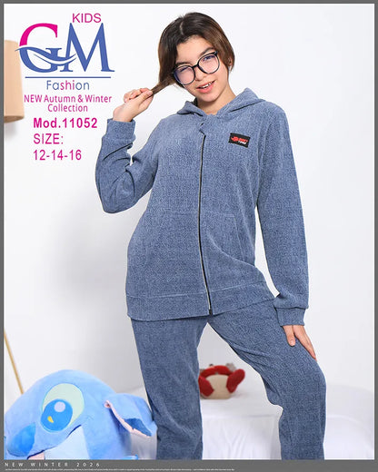 طقم بيجامة بناتي شتوي GM Kids | موديل 11052 بطبعة لطيفة وجيب