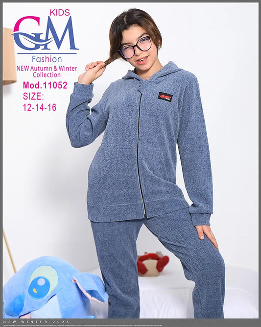 طقم بيجامة بناتي شتوي GM Kids | موديل 11052 بطبعة لطيفة وجيب