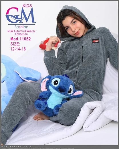طقم بيجامة بناتي شتوي GM Kids | موديل 11052 بطبعة لطيفة وجيب