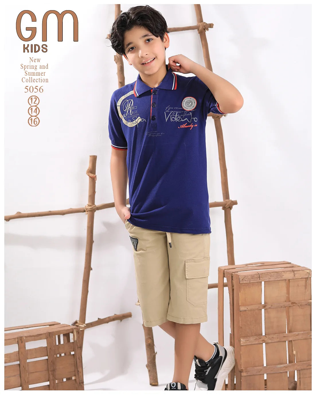 Child wearing a blue polo shirt and beige shorts with a wooden ladder background