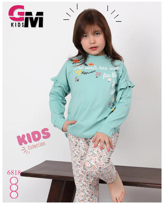 طقم بناتي صيفي قطن – موديل 6818 من GM Kids | تيشيرت بكم مع بنطلون مطبوع