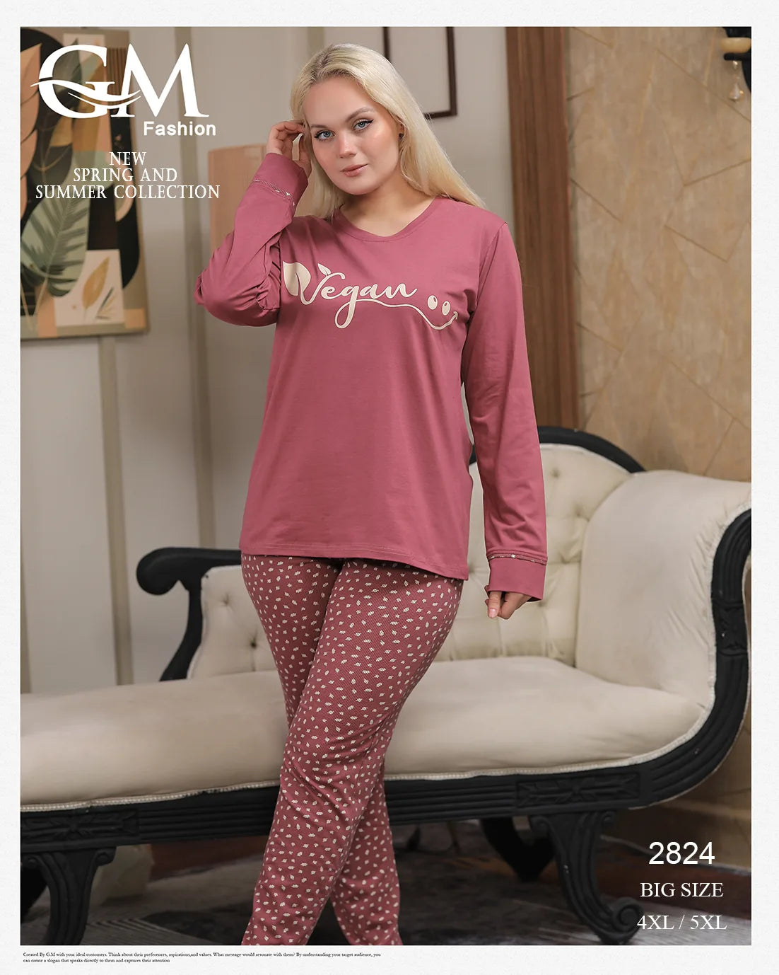 Woman wearing pink 'Vegan' top and patterned pants in a room with a couch.