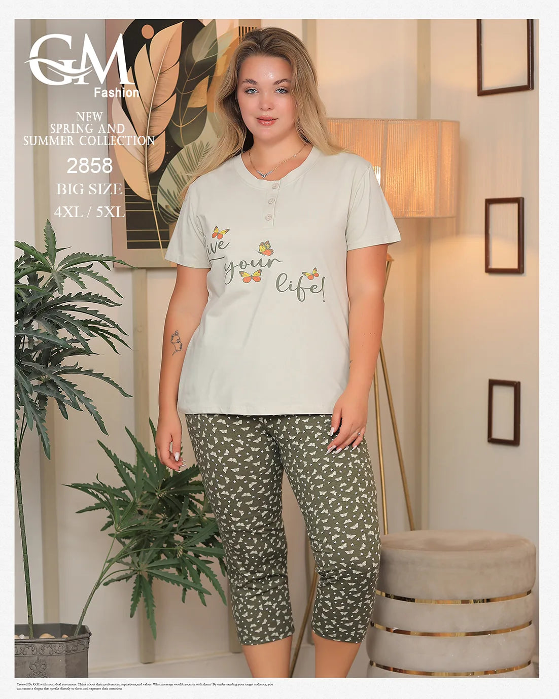 طقم بيتي حريمي صيفي قطن big size – موديل 2858 من GM Fashion