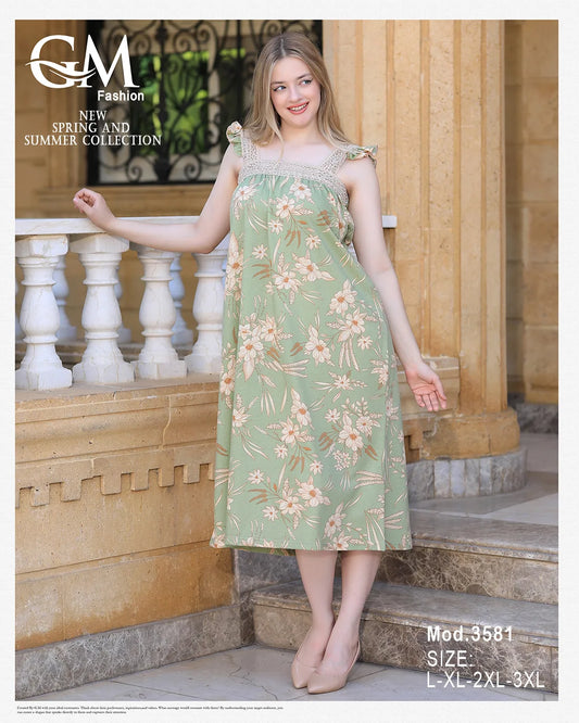 فستان بيتي حريمي بحمالة قطن مشجر – موديل 3581 من GM Fashion