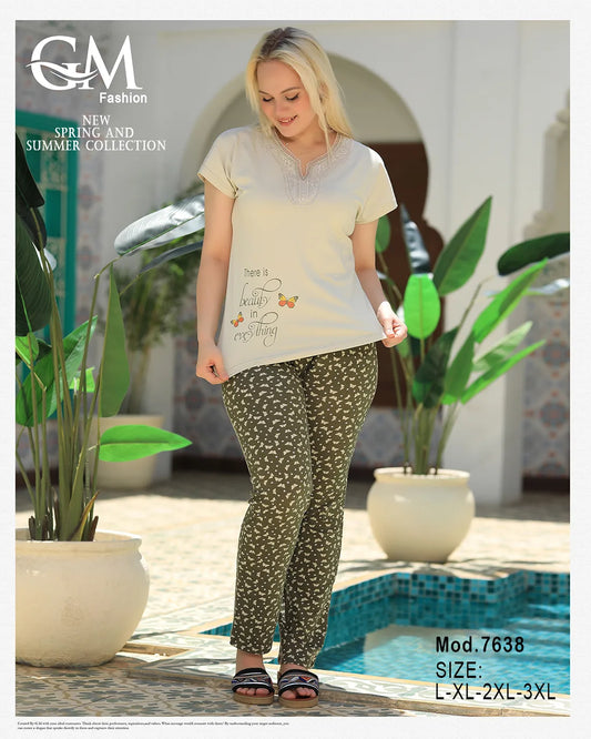 بيجامة نسائي صيفي قطن برسمة ناعمة – GM موديل 7638