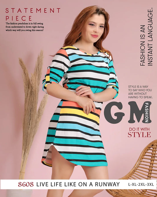 Woman wearing a colorful striped dress with promotional text on a pink background