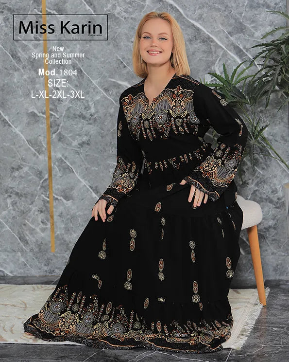 جلابية حريمي طويلة أنيقة بطبعة فاخرة | Miss Karin موديل 1804