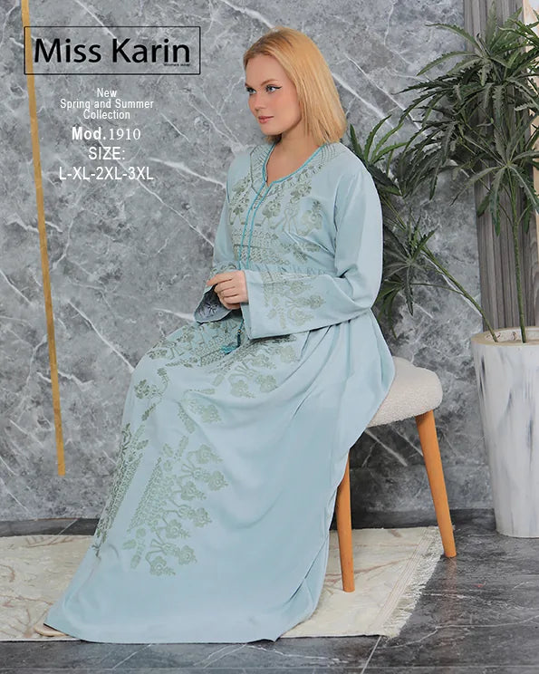 فستان حريمي طويل بتطريز أنيق وأكمام واسعة | Miss Karin موديل 1910