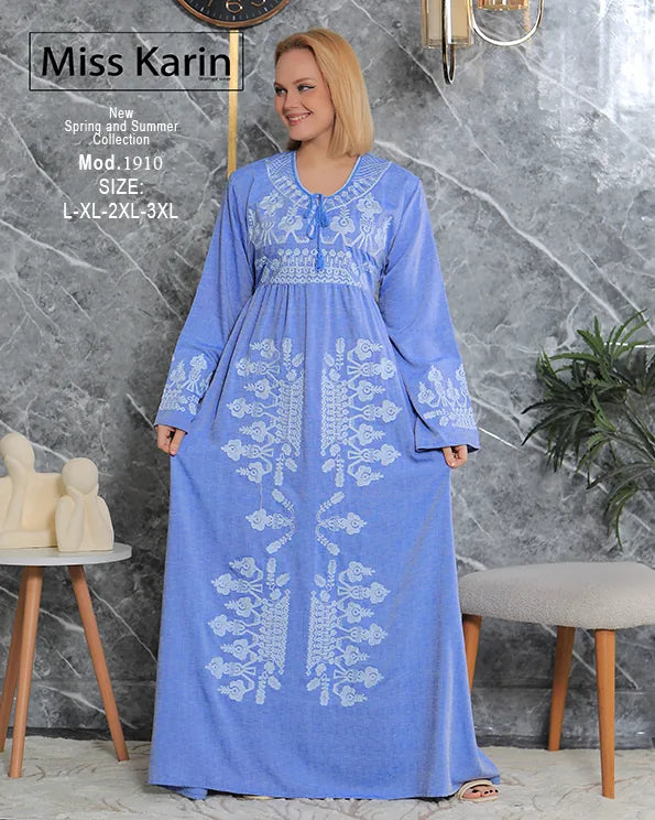 فستان حريمي طويل بتطريز أنيق وأكمام واسعة | Miss Karin موديل 1910