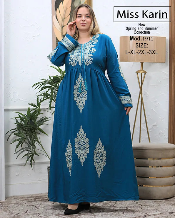جلابية حريمي طويلة مطرزة باستك ورباط Miss Karin – موديل 1911 مقاسات كبيرة
