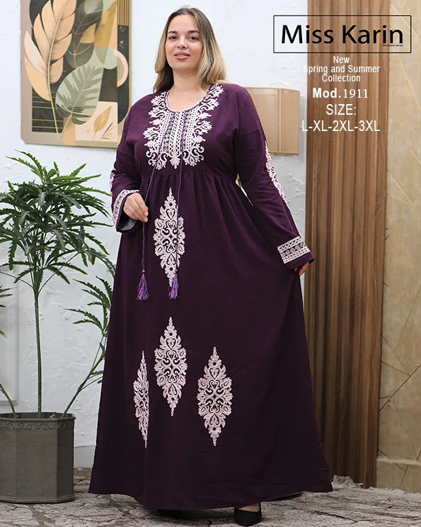 جلابية حريمي طويلة مطرزة باستك ورباط Miss Karin – موديل 1911 مقاسات كبيرة