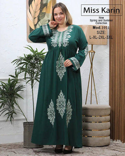 جلابية حريمي طويلة مطرزة باستك ورباط Miss Karin – موديل 1911 مقاسات كبيرة
