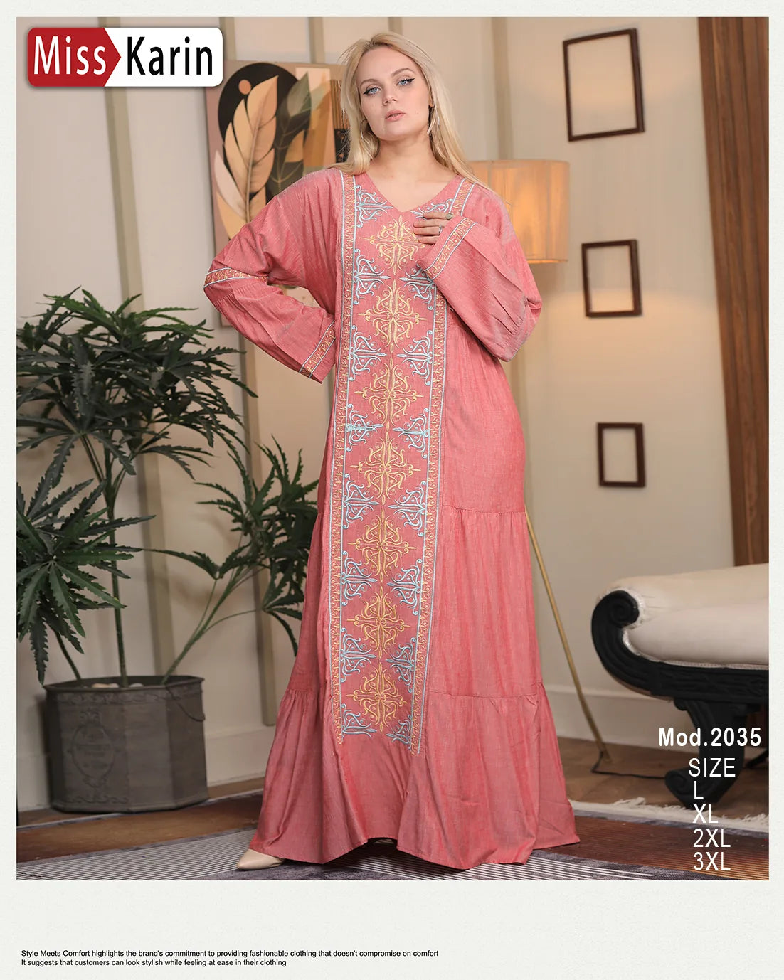 Woman wearing a pink dress with intricate patterns in a room setting, featuring 'Miss Karin' branding.