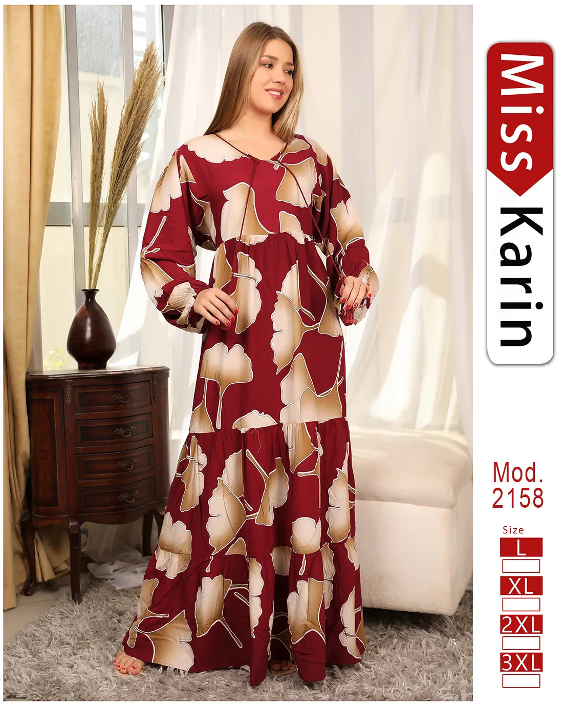 Woman wearing a red and beige patterned dress with 'Miss Karin' branding.
