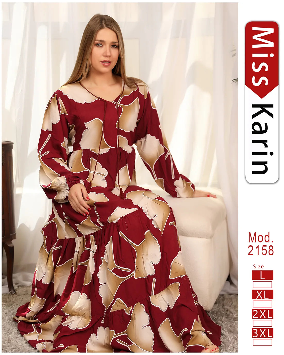 Woman wearing a red and beige patterned dress with 'Miss Karin' branding on the side.