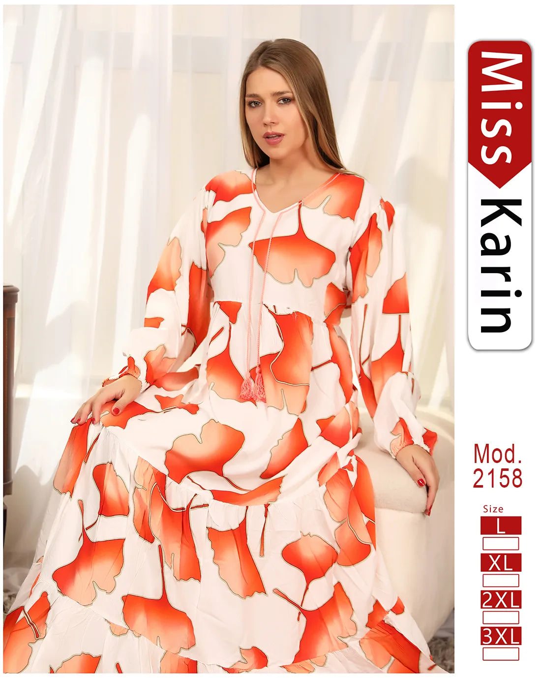 Woman wearing a floral dress with 'Miss Karin' branding and product details.