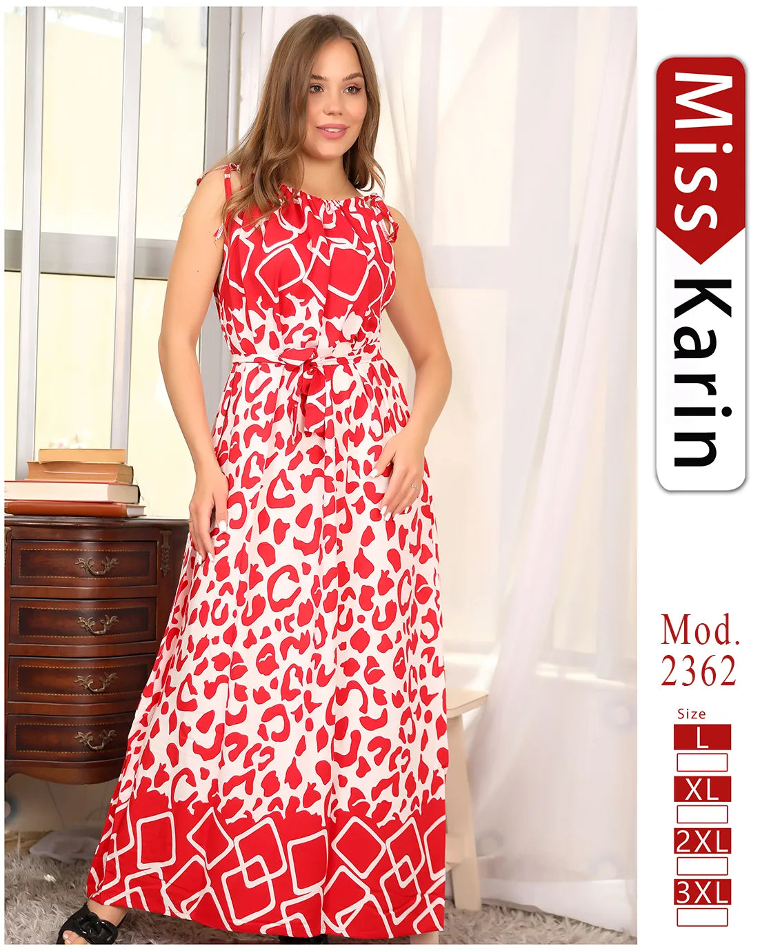 فستان صيفي طويل مطبوع بلا أكمام | Miss Karin موديل 2362 (L–3XL)