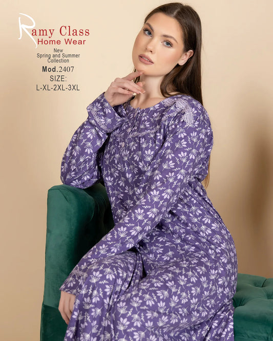 جلابية حريمي قطن مطبوعة بأكمام طويلة  – Ramy Class موديل 2407