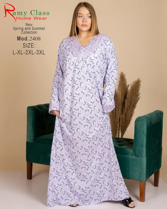 جلابية حريمي قطن مطبوعة بأكمام طويلة وياقة دانتيل | Ramy Class موديل 2408