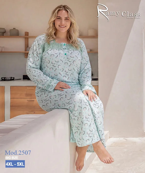 قميص نوم حريمي طويل مقاسات كبيرة مطبوع – Ramy Class موديل 2507