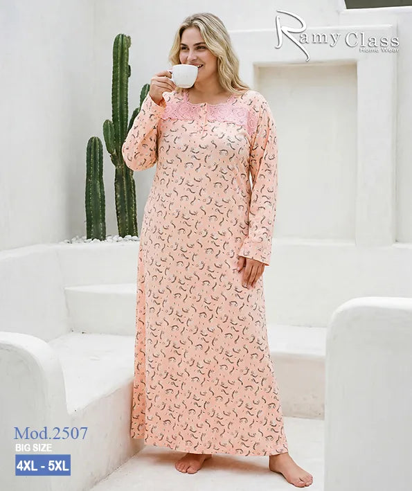قميص نوم حريمي طويل مقاسات كبيرة مطبوع – Ramy Class موديل 2507