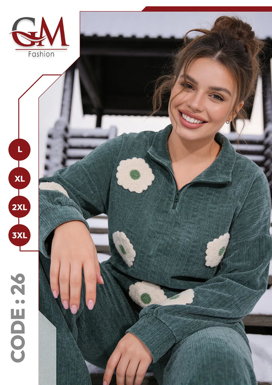 ترنج حريمى شتوى قطيفة بتفاصيل الزهور - موديل 26- GM Fashion
