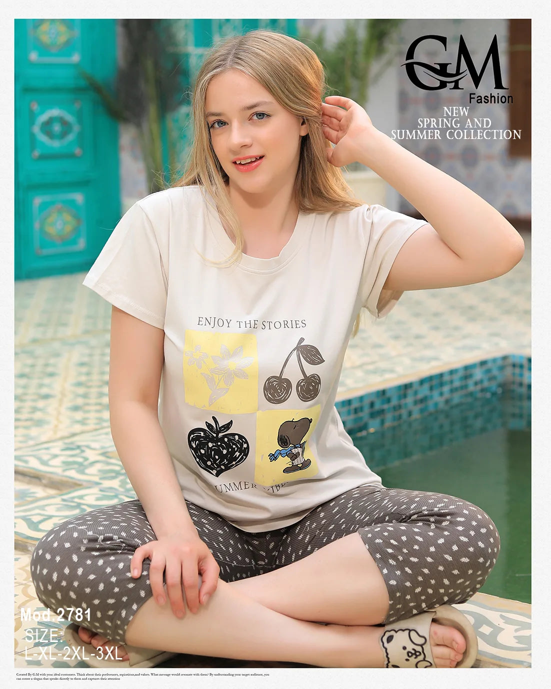 Woman sitting by a pool wearing a white t-shirt with graphics and patterned pants, with 'G&M Fashion' branding.