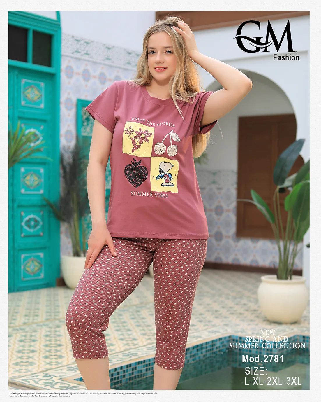 Woman wearing a pink t-shirt with graphics and matching pants in a decorative indoor setting.