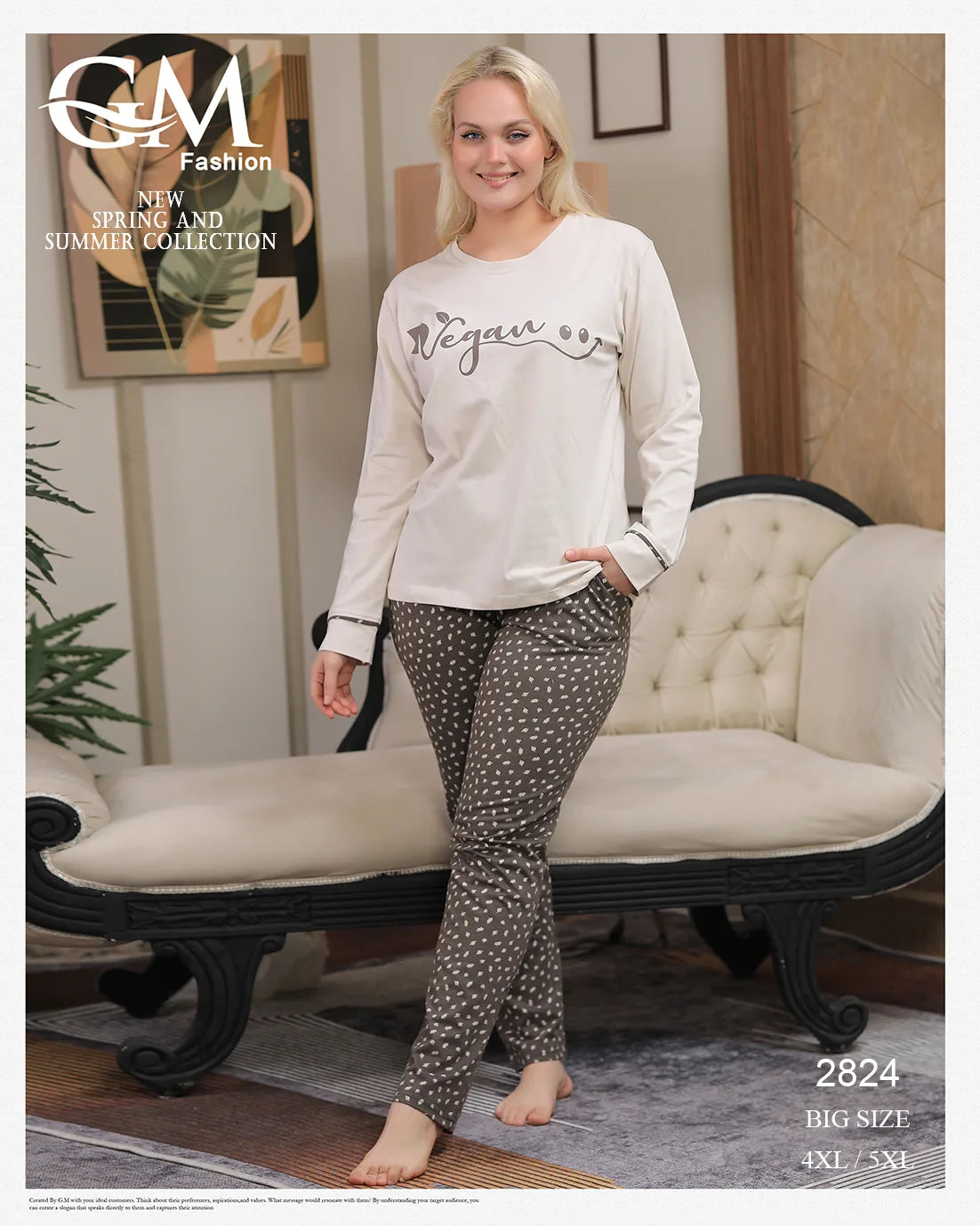 Woman wearing pink 'Vegan' top and patterned pants in a room with a couch.