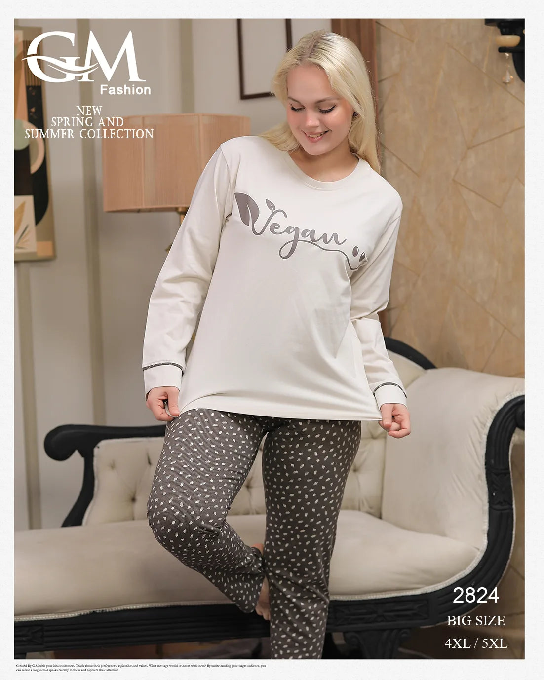 Woman wearing a 'Vegan' shirt and patterned leggings sitting on a couch, with GM Fashion branding.