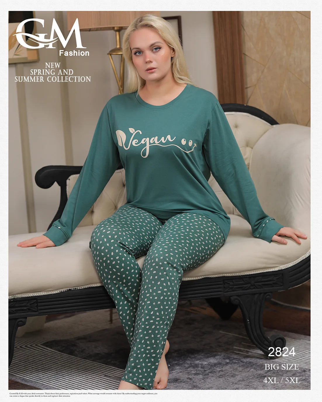 Woman wearing pink 'Vegan' top and patterned pants in a room with a couch.