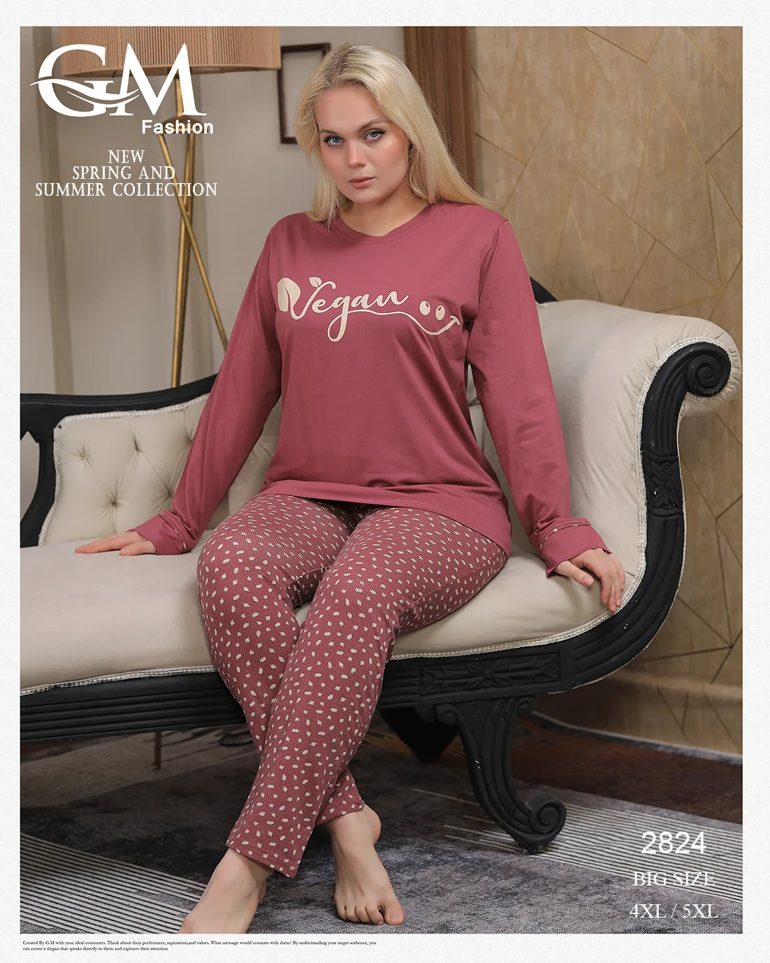 Woman wearing pink 'Vegan' top and patterned pants in a room with a couch.