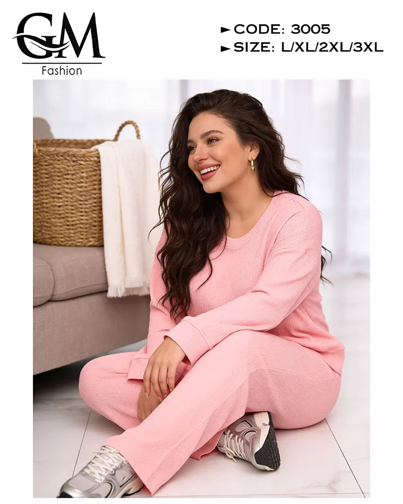 طقم حريمي خريفي ليكرا مضلع (Ribbed) بلوزة + بنطلون | GM Fashion كود 3005