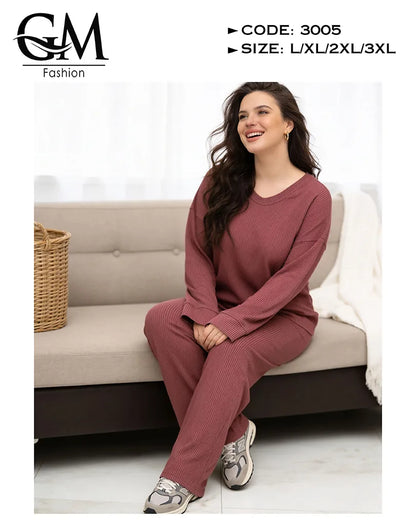 طقم حريمي خريفي ليكرا مضلع (Ribbed) بلوزة + بنطلون | GM Fashion كود 3005