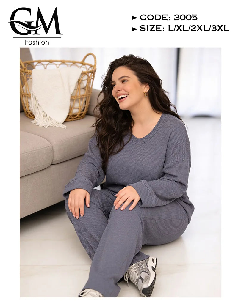 طقم حريمي خريفي ليكرا مضلع (Ribbed) بلوزة + بنطلون | GM Fashion كود 3005