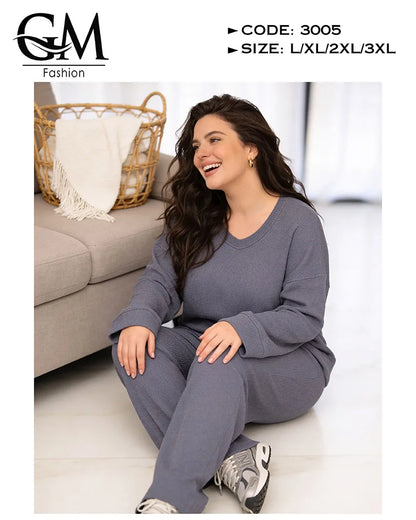 طقم حريمي خريفي ليكرا مضلع (Ribbed) بلوزة + بنطلون | GM Fashion كود 3005