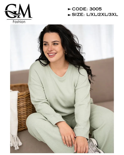 طقم حريمي خريفي ليكرا مضلع (Ribbed) بلوزة + بنطلون | GM Fashion كود 3005