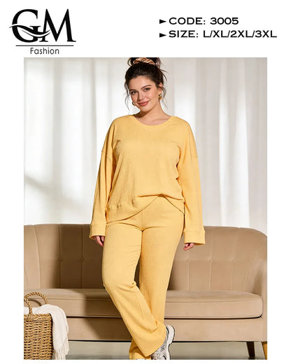 طقم حريمي خريفي ليكرا مضلع (Ribbed) بلوزة + بنطلون | GM Fashion كود 3005