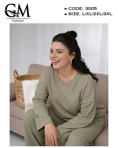 طقم حريمي خريفي ليكرا مضلع (Ribbed) بلوزة + بنطلون | GM Fashion كود 3005