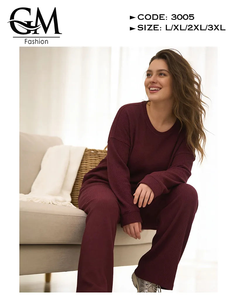 طقم حريمي خريفي ليكرا مضلع (Ribbed) بلوزة + بنطلون | GM Fashion كود 3005