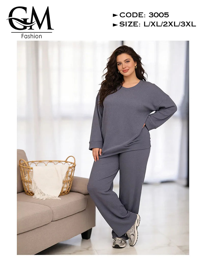 طقم حريمي خريفي ليكرا مضلع (Ribbed) بلوزة + بنطلون | GM Fashion كود 3005