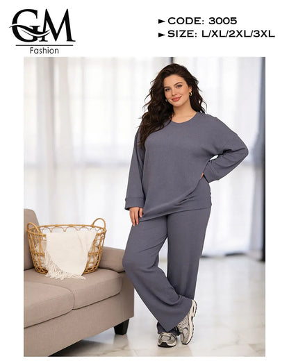 طقم حريمي خريفي ليكرا مضلع (Ribbed) بلوزة + بنطلون | GM Fashion كود 3005