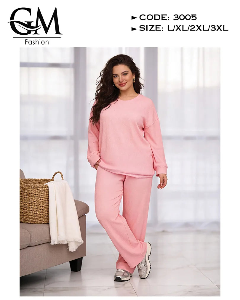 طقم حريمي خريفي ليكرا مضلع (Ribbed) بلوزة + بنطلون | GM Fashion كود 3005