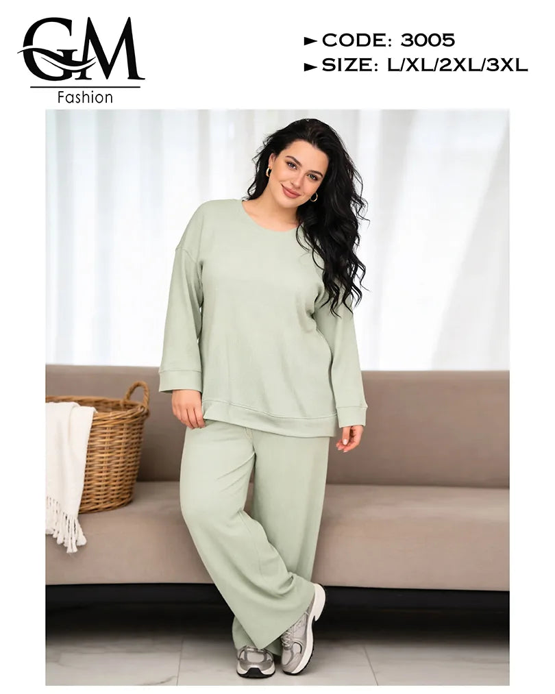 طقم حريمي خريفي ليكرا مضلع (Ribbed) بلوزة + بنطلون | GM Fashion كود 3005