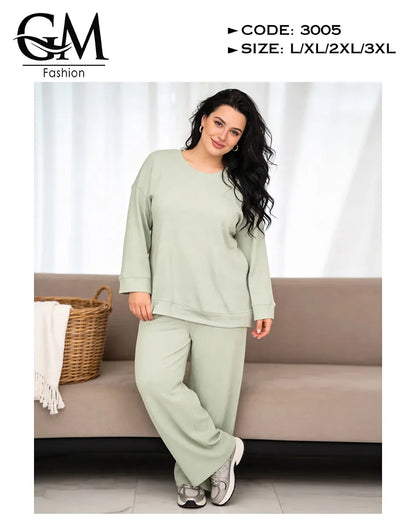 طقم حريمي خريفي ليكرا مضلع (Ribbed) بلوزة + بنطلون | GM Fashion كود 3005