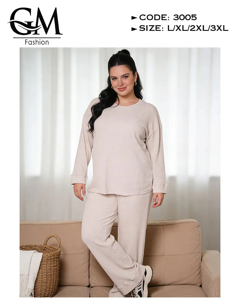 طقم حريمي خريفي ليكرا مضلع (Ribbed) بلوزة + بنطلون | GM Fashion كود 3005