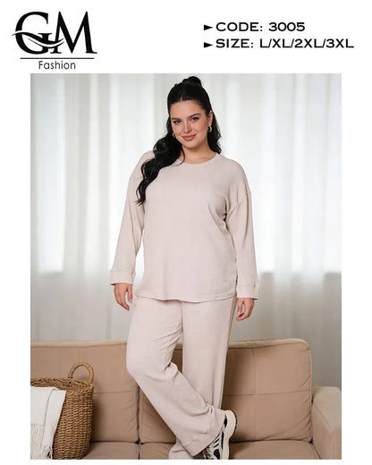 طقم حريمي خريفي ليكرا مضلع (Ribbed) بلوزة + بنطلون | GM Fashion كود 3005