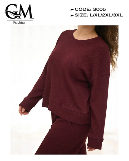 Maroon sweatshirt worn by a person on a white background with 'GM Fashion' branding.
