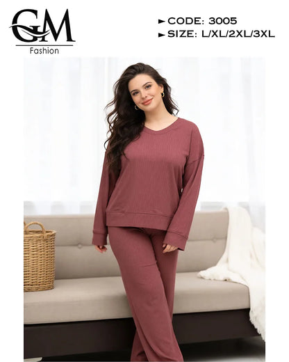 طقم حريمي خريفي ليكرا مضلع (Ribbed) بلوزة + بنطلون | GM Fashion كود 3005